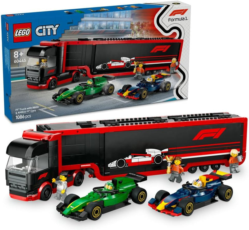 City F1 Truck with RB20 & AMR24 F1 Cars 60445 Car Transporter Toy, 2 Drivers & Race Simulator, Formula 1 Set, Gift for 8+ Year Old Boys & Girls, 1,086 Pieces