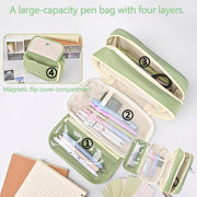 HANNEA Pencil Case, Large Capacity Pencil Pouch, 3 Compartments Pencil Bag with Clear Mesh Pockets, Students Stationery Organizer Pouch for School Office Supplies, Green