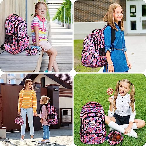 Yoawllty School Bag for Girls, Kids Backpack for School Bookbag for Elementary 3 in 1 School Bag Sets with Lunch Tote Pencil Bag and Cartoon Sticker(Pink)