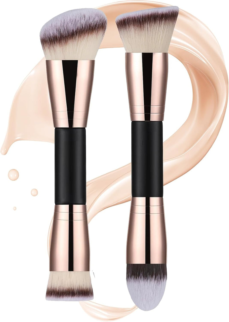 WuqWik 2Pcs Foundation Makeup Brush, Flat Angled Rounded Taperd Flawless Foundation Concealer Brush, Double Ended Makeup Brushes for Liquid Cream Powder Blending Buffing Concealer