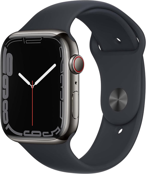 Apple Watch Series 7 (GPS + Cellular, 45mm) Smart watch - Graphite Stainless Steel Case with Midnight Sport Band - Regular. Fitness Tracker, Blood Oxygen & ECG Apps, Water Resistant (Renewed)