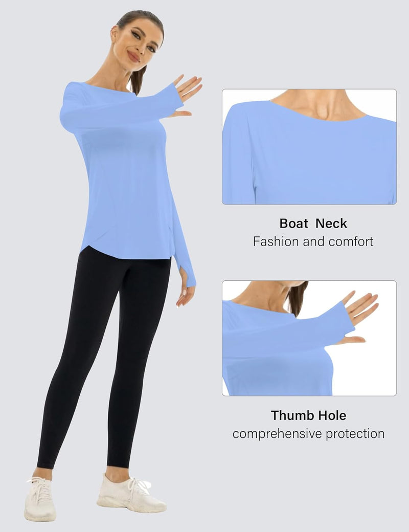 Rapbin Women's UPF 50+ Sun Protection T-Shirts Long Sleeve Boat Neck Workout Lightweight Quick Dry Top with Thumb Hole