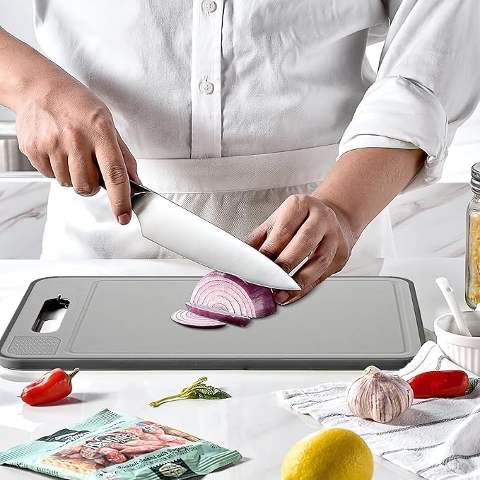 4-in-1 Multipurpose Double-Sided chopping & cutting board with Defrosting Tray, Grater & Knife Sharpener (31.1 x 21 cm).
