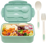 YumLock Bento Box, 3 Compartments 1400ml Lunch Box For Kids and Adults with Reusable Spoon and Fork, Leakproof Food Container for On the Go Meal, Microwave Safe (Pink) - Green