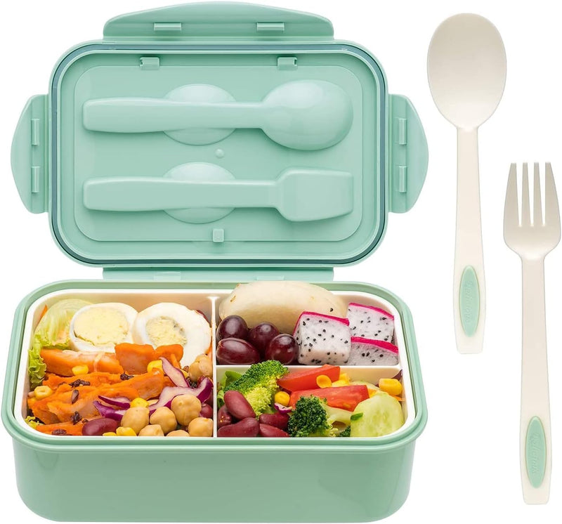 YumLock Bento Box, 3 Compartments 1400ml Lunch Box For Kids and Adults with Reusable Spoon and Fork, Leakproof Food Container for On the Go Meal, Microwave Safe (Pink) - Green