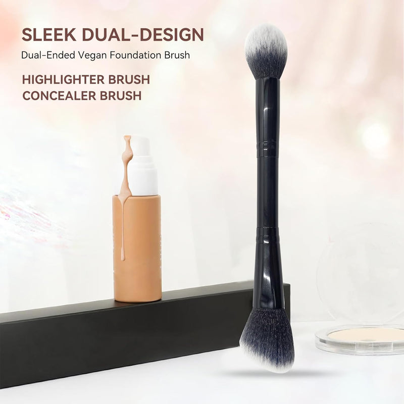 YJUFoar Dual-Ended Vegan Foundation Brush - Angled & Round Professional Synthetic Highlighter & Concealer Makeup Brush for Flawless Blending and Application of Blush, Powder