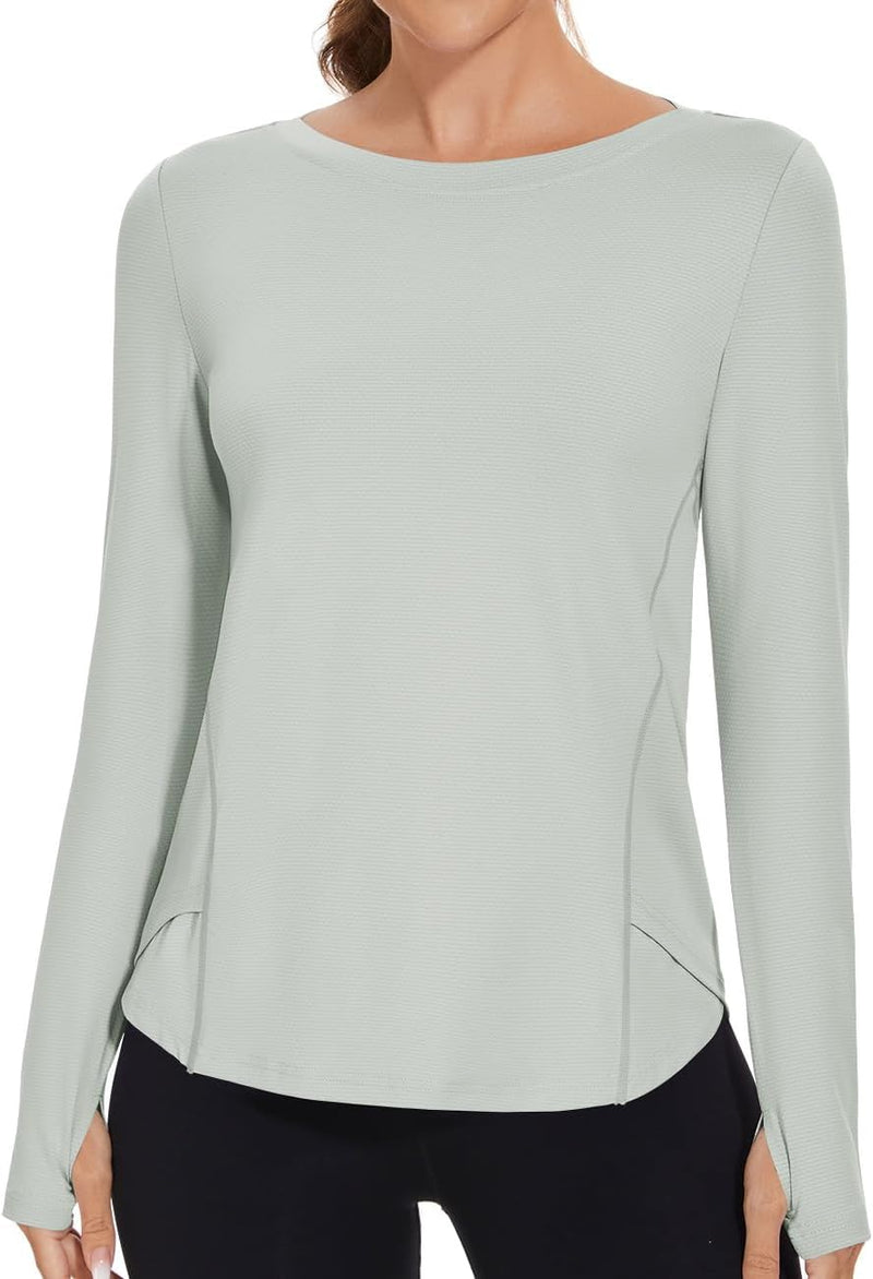 Rapbin Women's UPF 50+ Sun Protection T-Shirts Long Sleeve Boat Neck Workout Lightweight Quick Dry Top with Thumb Hole