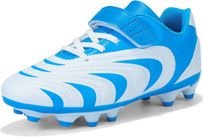 Boys Soccer Shoes Kids Girls Firm Ground Cleats Astro Turf Trainers Football Boots Outdoor Spikes Athletic Sport Teenager Professional Football Shoes - White/Blue