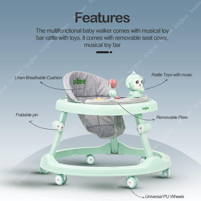 Baybee Drono Baby Walker for Kids, Round Kids Walker with 4 Seat Height Adjustable | Activity Walker for Baby with with Food Tray & Musical Bar | Walkers for Baby Boys Girls (Blue)