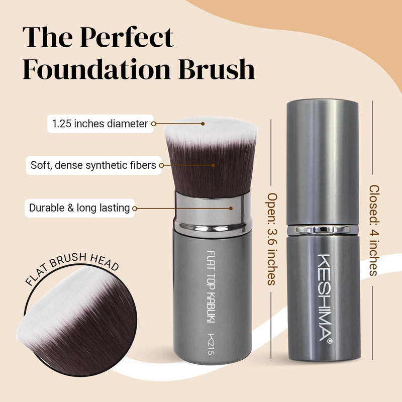 KESHIMA Flat Top Retractable Makeup Brush - Premium Retractable Kabuki Brush, Blush Brush, Foundation Brush for Liquid Makeup, Powder and Cream