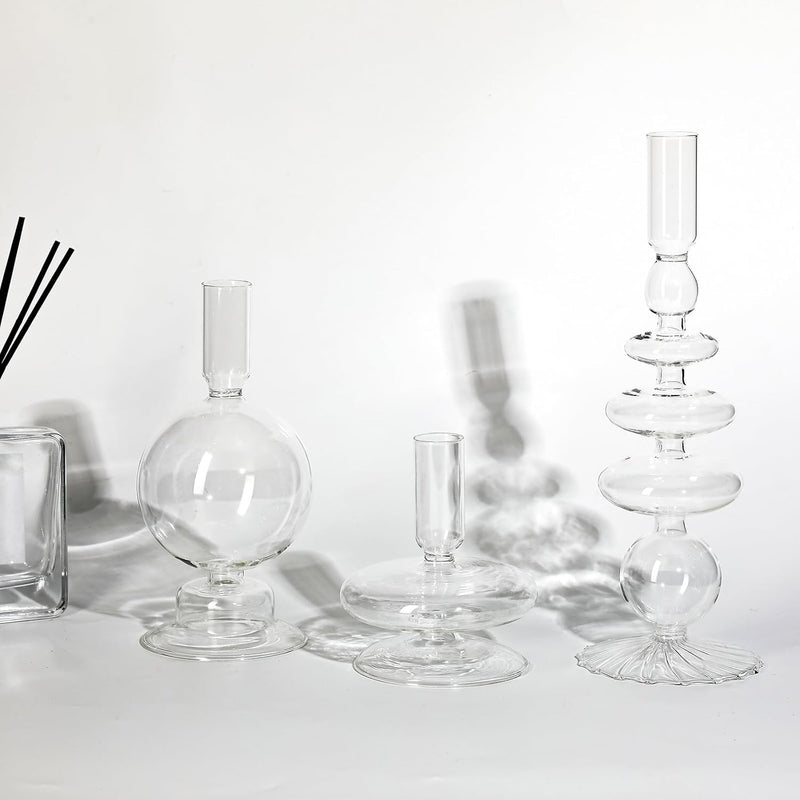 Rtteri 3 Pcs Glass Candlestick Holders Glass Taper Candle Holders Groovy Candlestick Wavy Glass Candlestick Holders Elegant Glass Candlestick Glass Vases for Home Party Centerpiece (Green)