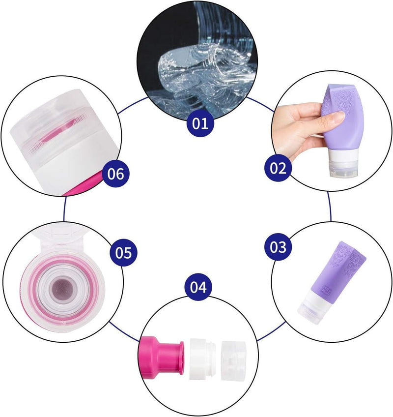 KASTWAVE Travel Bottles Leakproof, 6 Pcs Cosmetic Containers Set, 70 ml Refillable Silicone Squeezable Bottles for Toiletries, Conditioner, Lotion, Facial Cleanser, Cream (6 Colors)