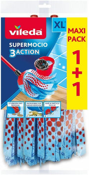 3action Supermocio Floor Mop with a Stick, Versatile, Red Spot Eraser, Blue Microfibre, 3d Red Spots, 14 X 7 X 157 Cm - Pack of 2 SuperMocio 3Action XL Mop Refill Twin Pack