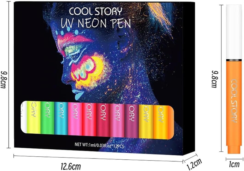 Glow in the Dark Face Paint Pen 12PCS, UV Neon Body Painting Kit for Kids & Adults, Waterproof Smudge-Proof Skin Marker Pens for Halloween Makeup, Tattoo, Festival & Party Eye Body Art