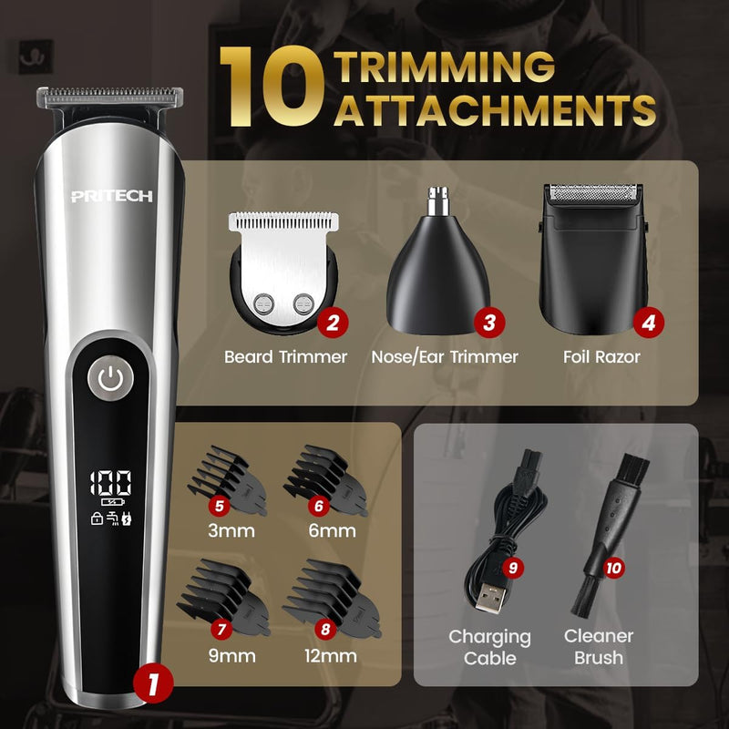 PRITECH Beard Trimmer for Men, 3 in 1 Hair Clippers for Men Kit, Nose Hair Trimmer, Micro Shaver Mens Grooming Kit Cordless Electric Hair Trimmer LED Display IPX6 (Silver)