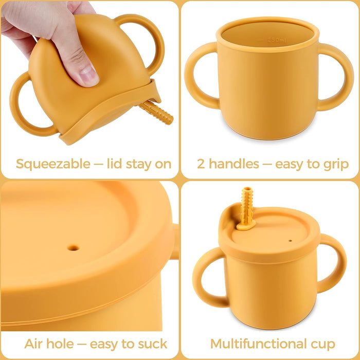 Excefore Toddler Sippy Cup with Lid, Kids Snack Container 2-in-1, Silicone Snack Catcher with Removable Scale, Kids Water Bottle with Straw 8.5 oz (Olive Green)