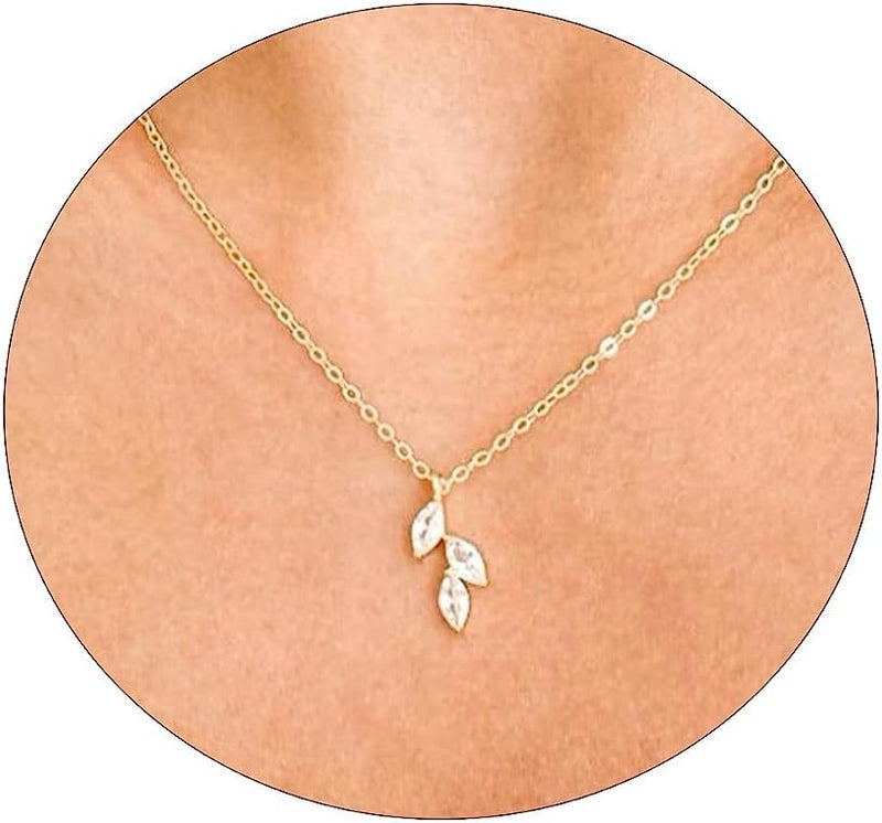 Diamond Necklaces for Women Dainty Leaf Necklace 14k Gold Plated Layered CZ Moon Necklace Simple Diamond Choker Necklaces for Women Trendy Jewelry Gifts for Girls - Gold CZ Leaf 16.5/2 Inch