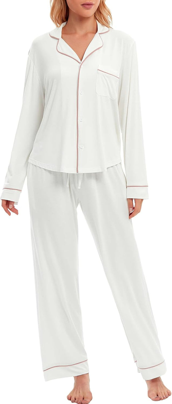 100% Cotton Pajamas for Women PJ Set Button-Down Knitted Soft Long Short Sleeve 2 Piece Sleepwear Loungewear S-XXL - White