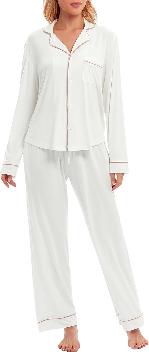 100% Cotton Pajamas for Women PJ Set Button-Down Knitted Soft Long Short Sleeve 2 Piece Sleepwear Loungewear S-XXL - White