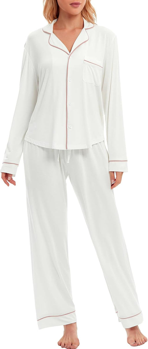 100% Cotton Pajamas for Women PJ Set Button-Down Knitted Soft Long Short Sleeve 2 Piece Sleepwear Loungewear S-XXL - White