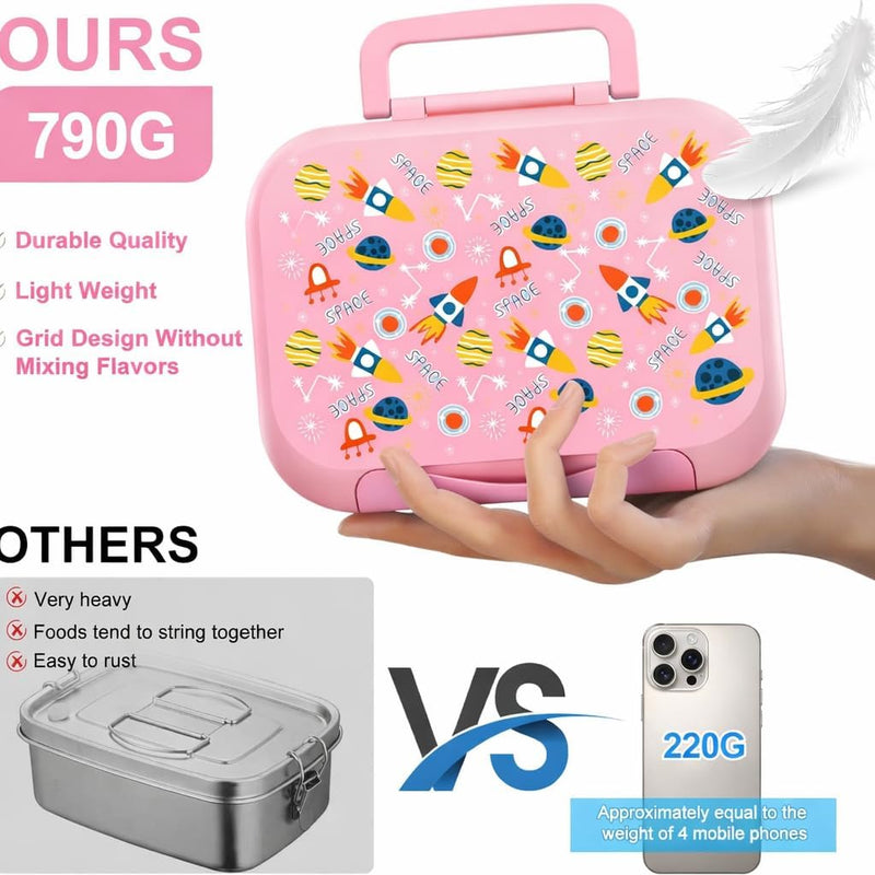Kids Bento Lunch Box,5-Compartment Leakproof Container with handle Movable Snack Box BPA-Free, Dishwasher & Microwave Safe Utensils Included for Kids/Adults School, Office & Travel Pink