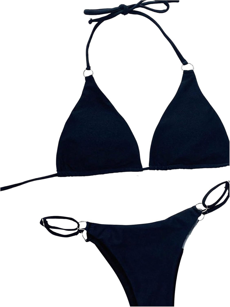 GORGLITTER Women's 2 Piece Ring Linked Tie Back Swimwear Halter Triangle Bikini Swimsuit