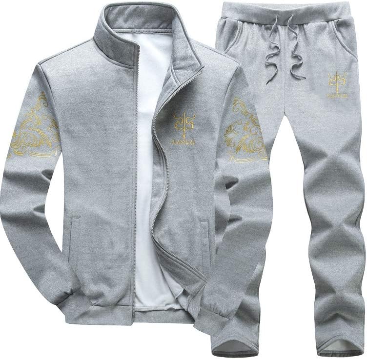 Men's Casual Tracksuit Full Zip Running Jogging Athletic Sports Jacket and Pants Set - Gray