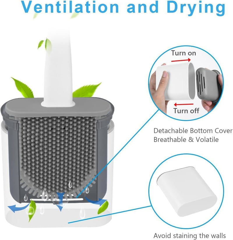 McMola Silicone Toilet Brush and Holder Set - No-Drill Wall Mounted or Freestanding Bathroom Scrubber, 360 Flexible TPR Bristles for Deep Under-Rim Cleaning, Quick-Drying & Anti-Drip (White)