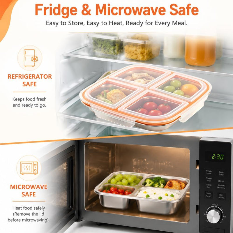 Snack Box with Compartments, 2 Pieces 600 ml Stainless Steel Lunch Box with 4 Compartments & Leak-proof Lid, Reusable Bento Box with 2 Spoons for Fruit, Vegetables, Meat, Sweets, Nuts