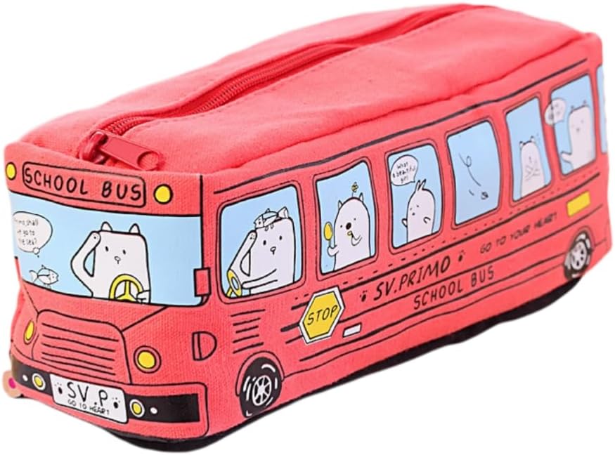 Cartoon Bus Shaped Pencil Case Canvas Pen Pouches Pencil Bag Zippered Big Capacity Pen Case Stationeries Organiser for Kid and Student, Red Bus, Classic