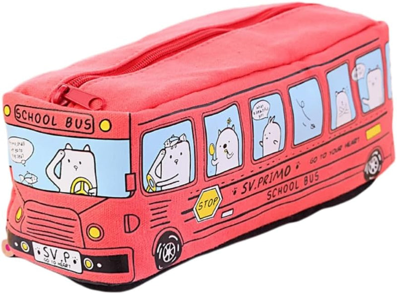 Cartoon Bus Shaped Pencil Case Canvas Pen Pouches Pencil Bag Zippered Big Capacity Pen Case Stationeries Organiser for Kid and Student, Red Bus, Classic - Red Bus
