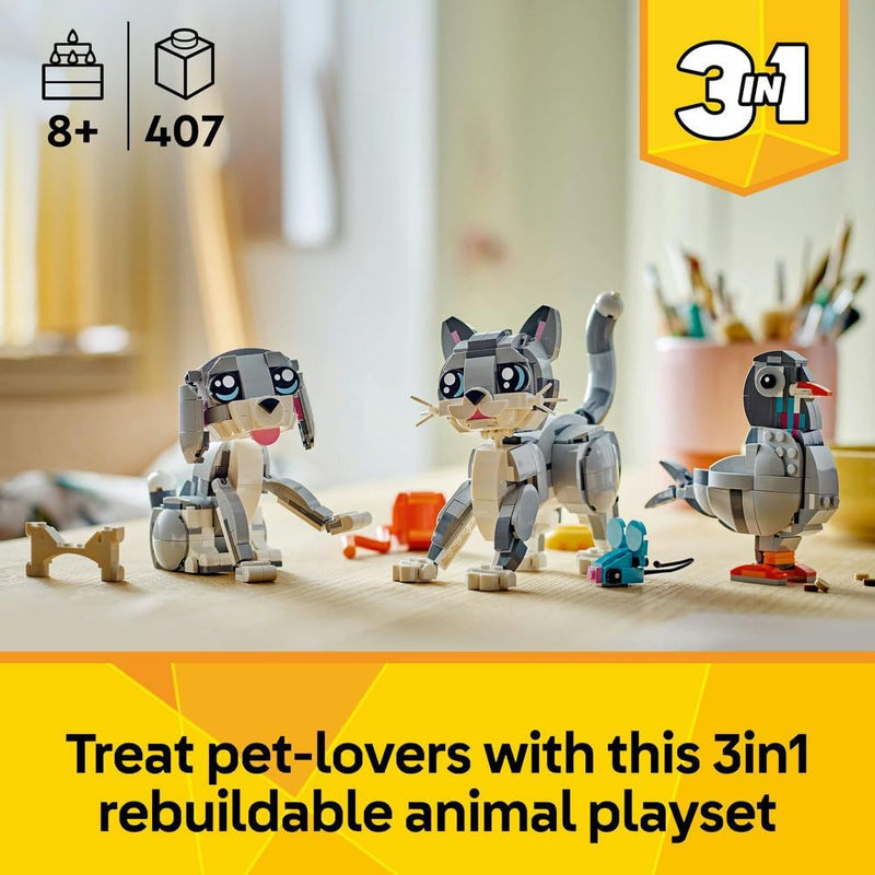 Creator 3in1 Playful Cat 31163 Cat Transforms into a Pigeon or Dog, Animal Figure Toy, Gift for 8+ Year Old Boys & Girls, 407 Pieces