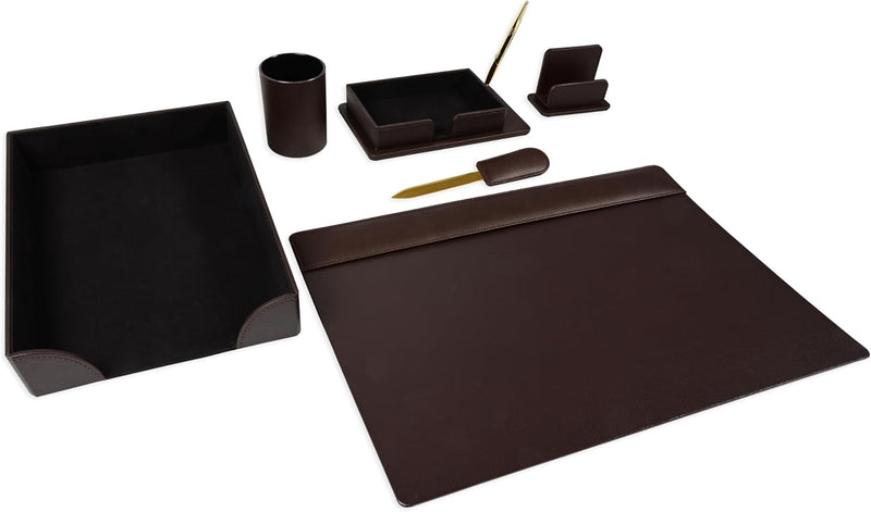 FIS Executive Desk Set with Italian PU Materials, Set of 6 Pieces Desk Set Organizer, Dark Brown Color, Pack in Gift Box-FSDS181DBR