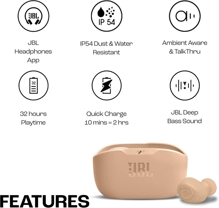 JBL Wave Buds True Wireless Earbuds, Deep Bass, Comfortable Fit, 32H Battery, Smart Ambient Technology, Hands-Free Call, Water and Dust Resistant - Mint, JBLWBUDSMIT