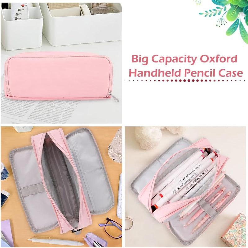 Pink Pencil Case, Large Capacity Pencil Pouch,Pencil Bag with 3 Compartments,Pen Organizer Oxford Storage for Men Women Adults Travel Business Office