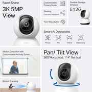 Tapo TC74 3K 5MP Pan/Tilt AI Home Security Wi-Fi Camera, AI Detection-Person, Pet, Vehicle, Baby Crying, Motion Tracking and Detection, Night Vision, Two-Way Audio Sound and Light Alarm