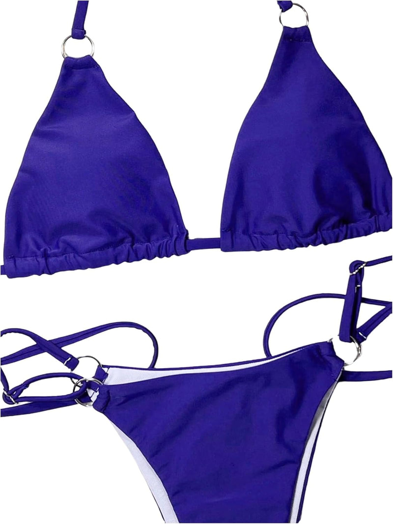 GORGLITTER Women's 2 Piece Ring Linked Tie Back Swimwear Halter Triangle Bikini Swimsuit
