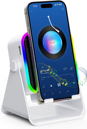 TARKARI Wireless Induction Speaker, Valentines Gifts for Him, 5 in 1 Bluetooth Speaker, 360 Rotation Cell Phone Stand with Ambient Light Compatible with iPhone iPad Android, Birthday Gifts for Men - Square-White