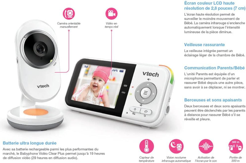 VTech - BM3254 - Baby Monitor Video Clear Plus - Night Light and Lullaby - Display 2.8 Inch - Baby Monitor Audio - Version FR