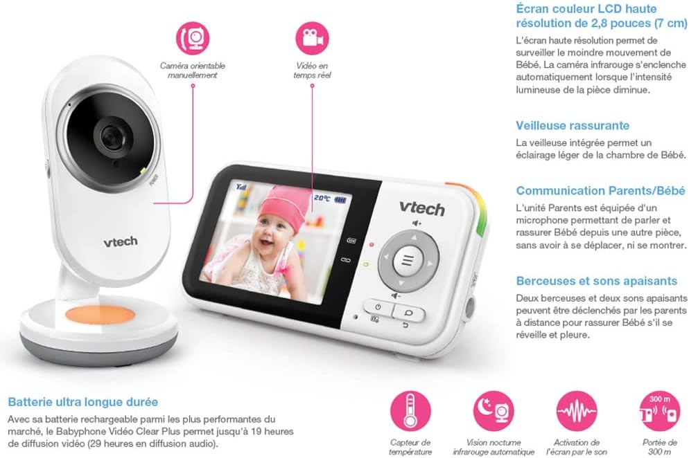 VTech - BM3254 - Baby Monitor Video Clear Plus - Night Light and Lullaby - Display 2.8 Inch - Baby Monitor Audio - Version FR