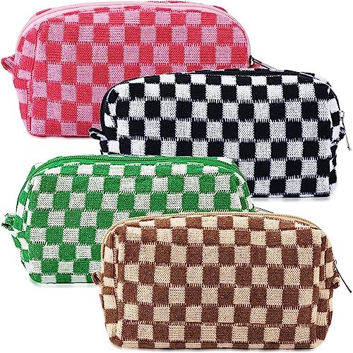 ZLFSRQ 3Pcs Checkered Makeup Bag for Women Large Cosmetic Bag Set Travel Toiletry Bag Makeup Pouch Bag for Purse Pink Zipper Storage Bag Organizer Cute Small Aesthetic Girls Car Essentials Bag