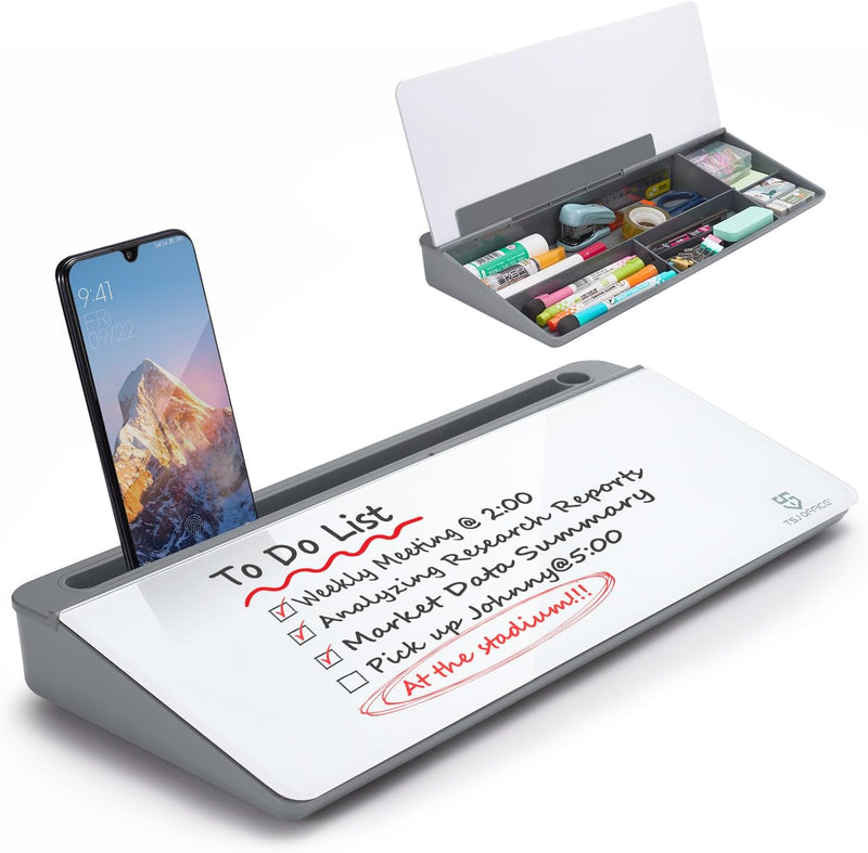 TSJ OFFICE Small Glass Desktop Whiteboard Dry-Erase-Board - Computer Keyboard Stand White Board Surface Pad with Drawer, Desk Organizers with Accessories for Home, School Supplies - G