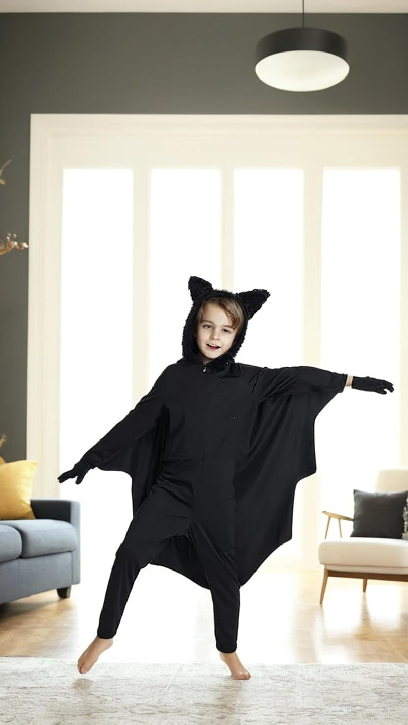 Sweet seven Bat Costume for Kids - Halloween Vampire Bat Hoodie Jumpsuit with Gloves, Cosplay Party Bodysuit Role Play M Size is Suitable for 78 Years Old, 115125cm