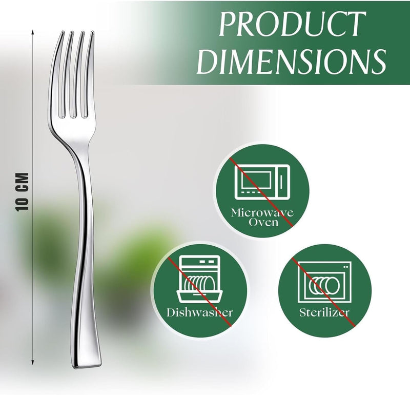 AL FAKHAMA Mini Forks 24 PCS Reusable Plastic Dessert Forks 10 cm Elegant Mini Cutlery for Parties, Tastings, Appetizers, Events, and Bakery Use Sturdy & Washable (Silver)