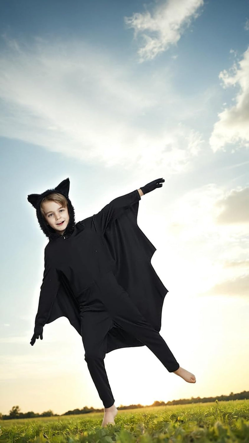Sweet seven Bat Costume for Kids - Halloween Vampire Bat Hoodie Jumpsuit with Gloves, Cosplay Party Bodysuit Role Play M Size is Suitable for 78 Years Old, 115125cm