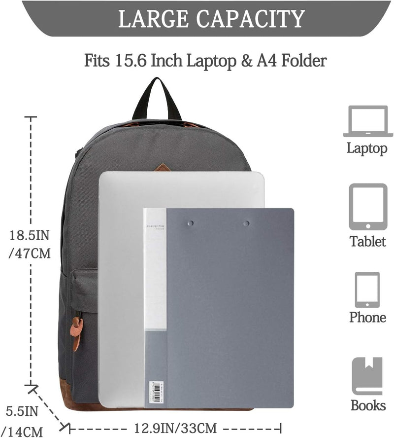 VASCHY Men's Backpack, Women's Waterproof School Bag, Boy Girl Computer 15.6 Inch Vintage for School, College, Work, Travel, Leisure