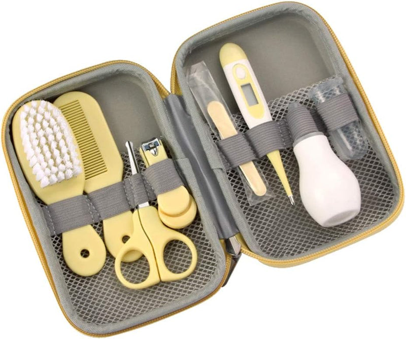 Baby Grooming Kit, 8 in 1 Baby Hair Brush/Nail Clipper/Nose Cleaner/Finger Toothbrush/Nail Scissors/Manicure Kit for Baby Care Keep Healthy and Clean Yellow