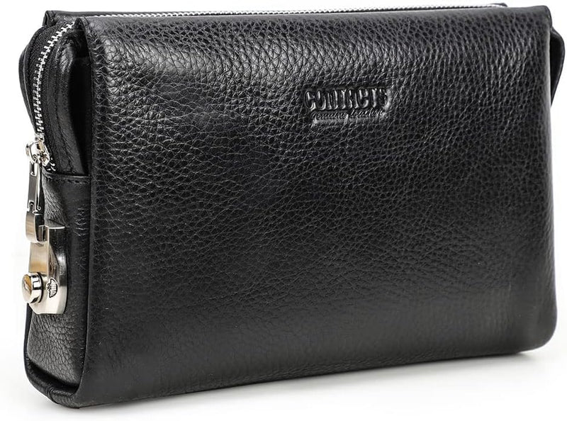 Leather Men Clutch Purse Bag, Mens Business Code Lock Wallet Anti Theft Clutch Phone Holder Handbag Travel - Black
