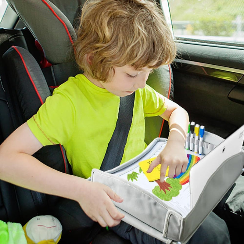TINY SPARK Kids Travel Tray for Toddlers Car Seat with 6 Markers,Lap Desk Tray with Dry Erase Board for Kids Travel and Flight,Desk Essential Accessories Drawing,Toys,Snacks(Gray)