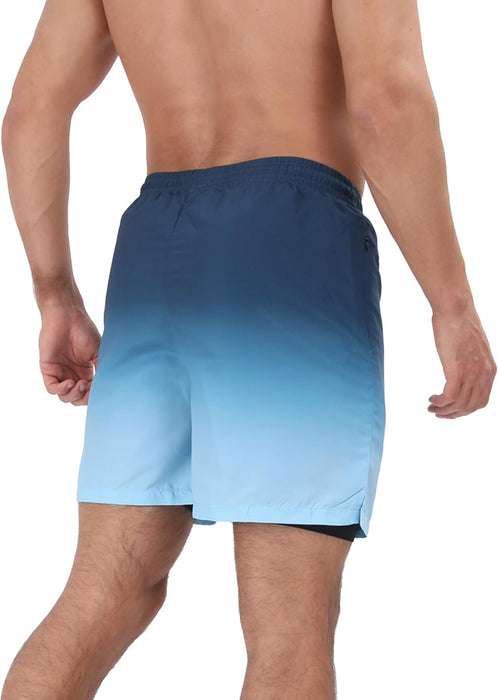 Mens Swim Trunks with Compression Liner 2 in 1 Quick Dry Beach Swimming Trunks Swim Shorts with Zipper Pockets